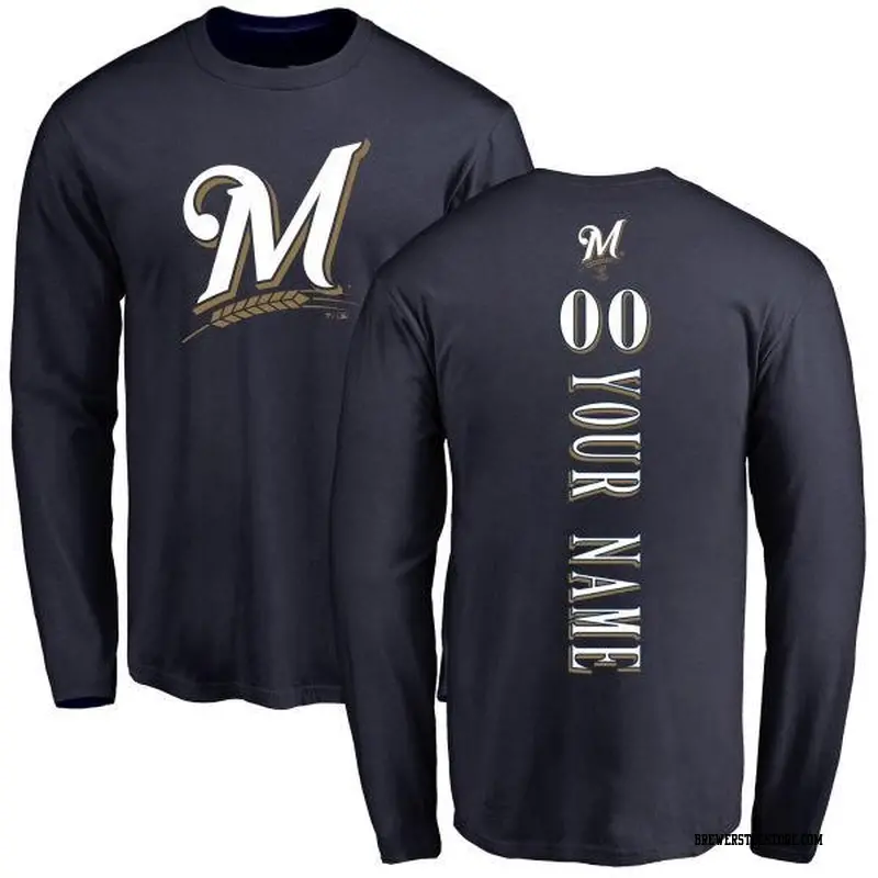 Men's Milwaukee Brewers ＃00 Custom Navy Backer Long Sleeve T-Shirt