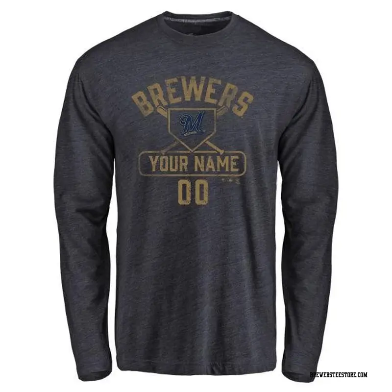 Men's Milwaukee Brewers ＃00 Custom Navy Branded Base Runner Long Sleeve T-Shirt