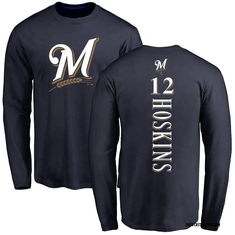 Men's Milwaukee Brewers ＃12 Rhys Hoskins Navy Backer Long Sleeve T-Shirt