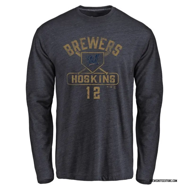 Men's Milwaukee Brewers ＃12 Rhys Hoskins Navy Base Runner Long Sleeve T-Shirt