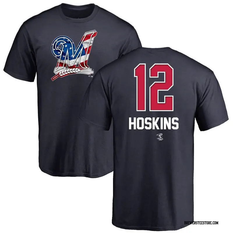 Men's Milwaukee Brewers ＃12 Rhys Hoskins Navy Name and Number Banner Wave T-Shirt