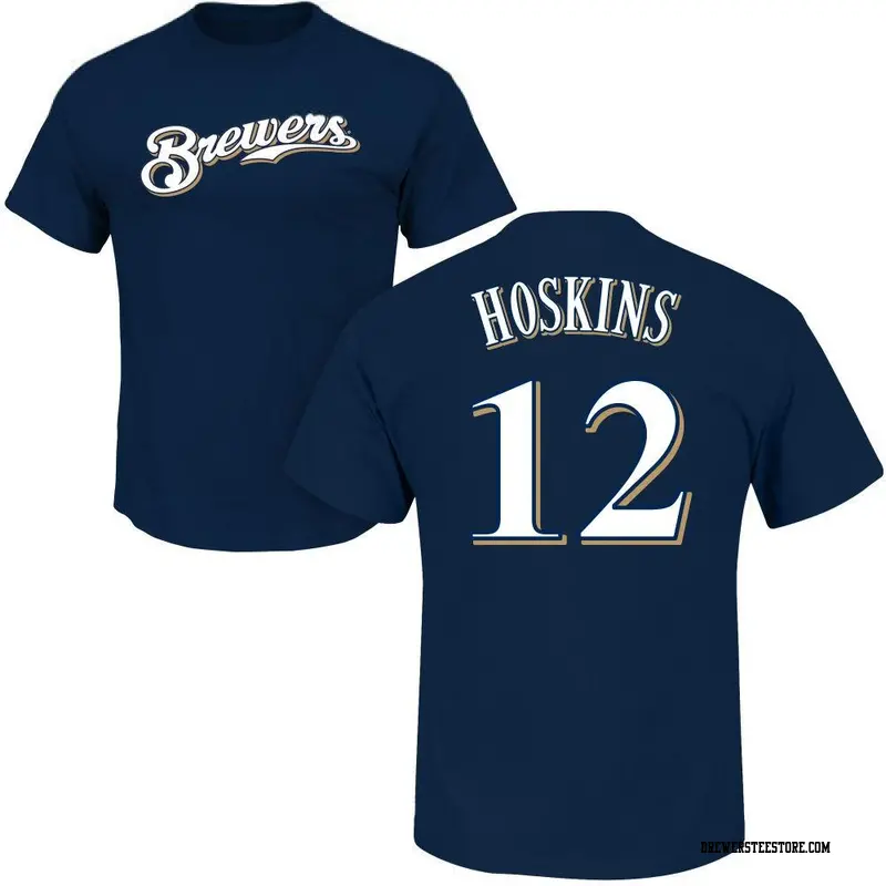 Men's Milwaukee Brewers ＃12 Rhys Hoskins Navy Roster Name & Number T-Shirt