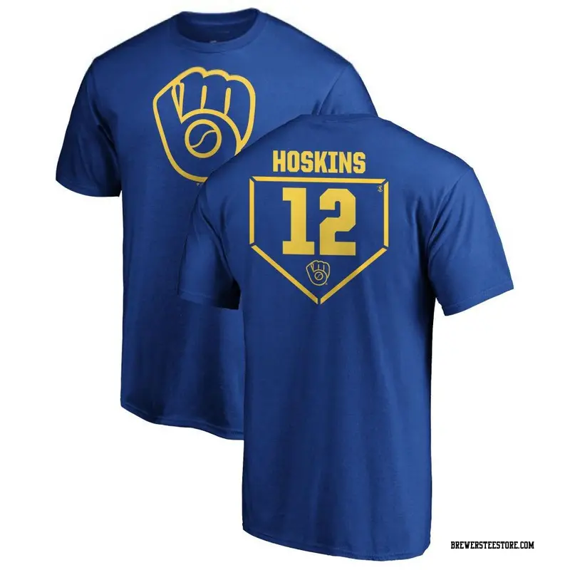 Men's Milwaukee Brewers ＃12 Rhys Hoskins Royal RBI T-Shirt