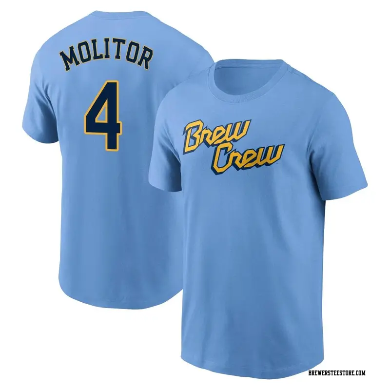 Men's Milwaukee Brewers ＃4 Paul Molitor Blue Powder 2022 City Connect Name & Number T-Shirt