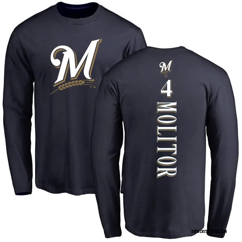 Men's Milwaukee Brewers ＃4 Paul Molitor Navy Backer Long Sleeve T-Shirt