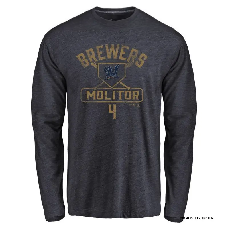 Men's Milwaukee Brewers ＃4 Paul Molitor Navy Base Runner Long Sleeve T-Shirt