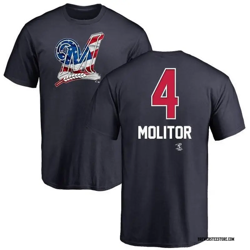 Men's Milwaukee Brewers ＃4 Paul Molitor Navy Branded Name and Number Banner Wave T-Shirt