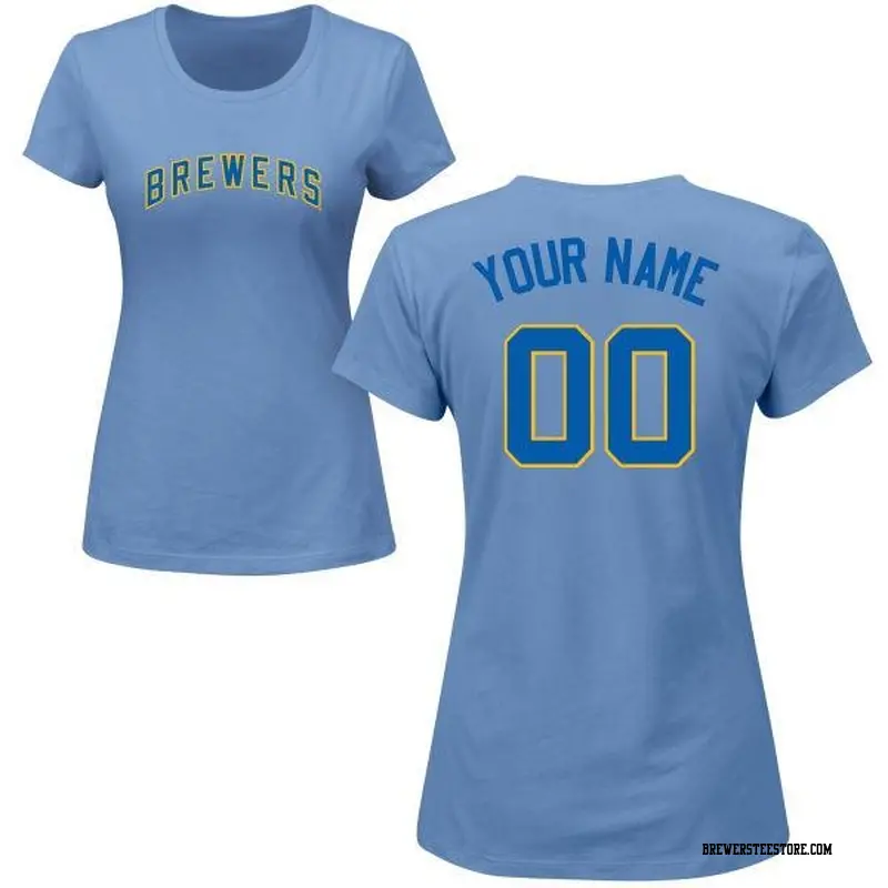 Women's Milwaukee Brewers ＃00 Custom Light Blue Roster Name & Number T-Shirt