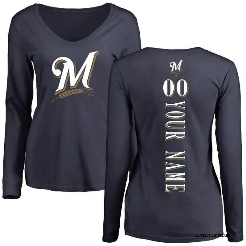 Women's Milwaukee Brewers ＃00 Custom Navy Backer Slim Fit Long Sleeve T-Shirt