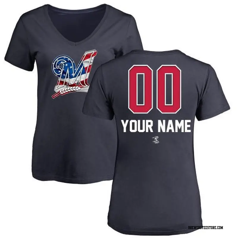 Women's Milwaukee Brewers ＃00 Custom Navy Branded Name and Number Banner Wave V-Neck T-Shirt