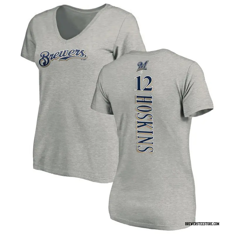 Women's Milwaukee Brewers ＃12 Rhys Hoskins Ash Backer Slim Fit T-Shirt