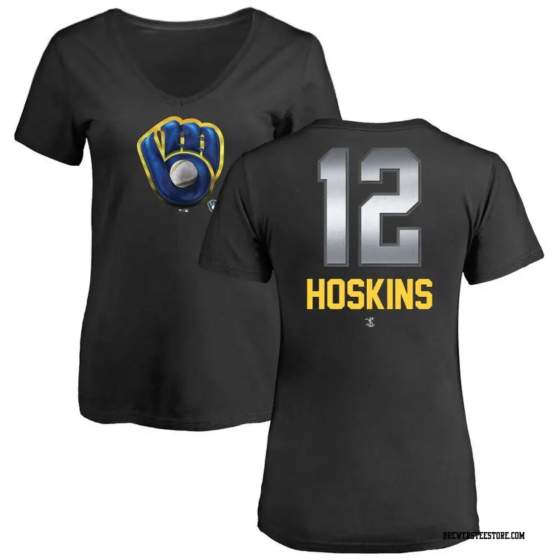 Women's Milwaukee Brewers ＃12 Rhys Hoskins Black Midnight Mascot V-Neck T-Shirt