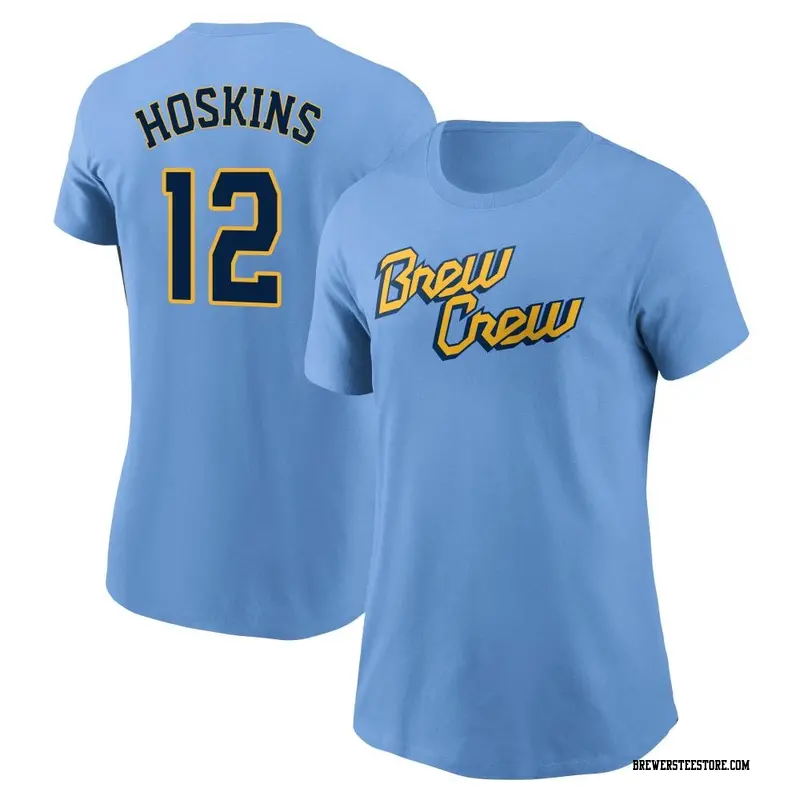 Women's Milwaukee Brewers ＃12 Rhys Hoskins Blue Powder 2022 City Connect Name & Number T-Shirt