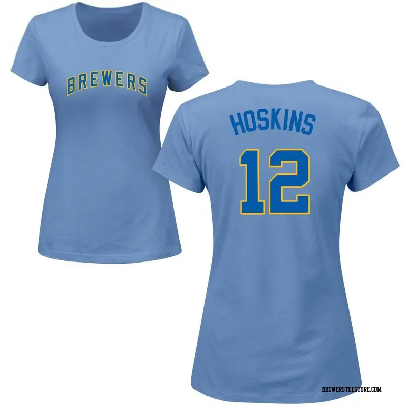 Women's Milwaukee Brewers ＃12 Rhys Hoskins Light Blue Roster Name & Number T-Shirt