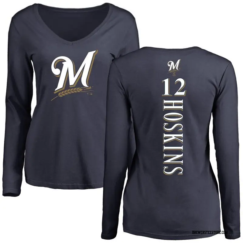 Women's Milwaukee Brewers ＃12 Rhys Hoskins Navy Backer Slim Fit Long Sleeve T-Shirt