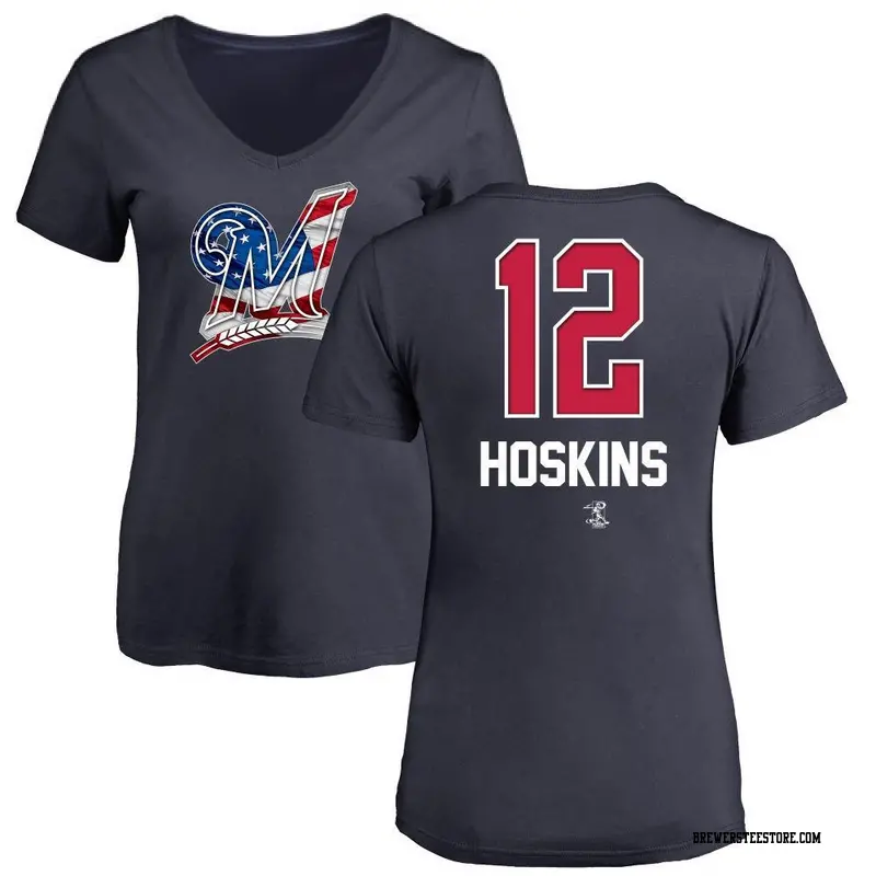 Women's Milwaukee Brewers ＃12 Rhys Hoskins Navy Name and Number Banner Wave V-Neck T-Shirt