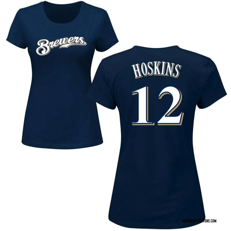 Women's Milwaukee Brewers ＃12 Rhys Hoskins Navy Roster Name & Number T-Shirt