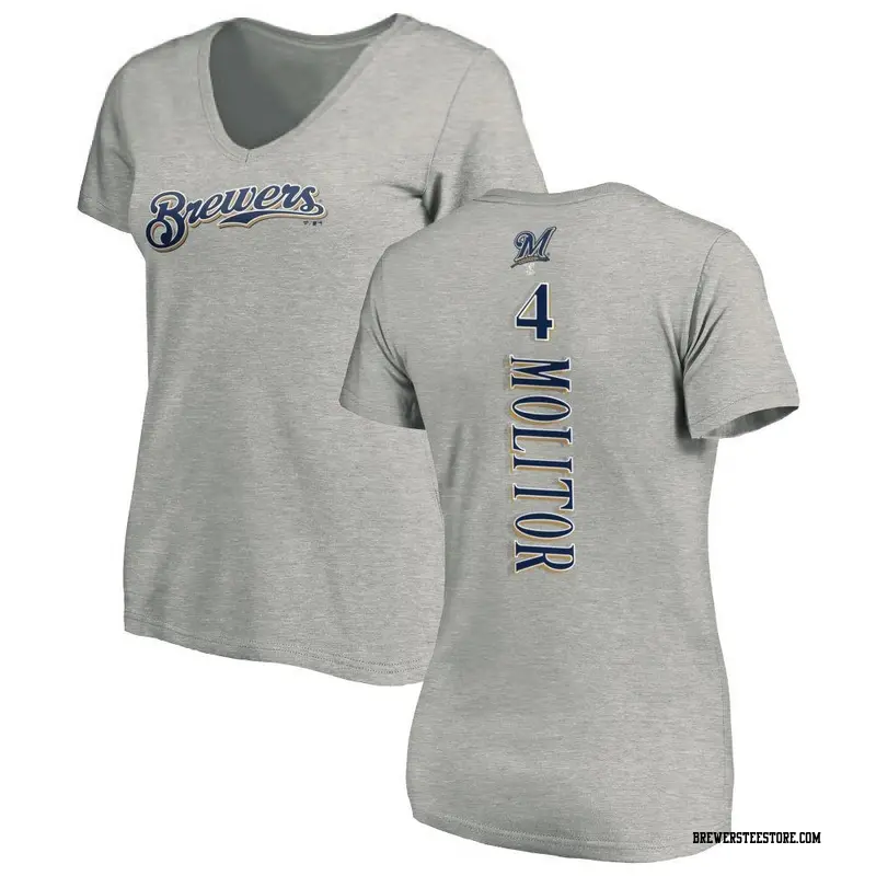 Women's Milwaukee Brewers ＃4 Paul Molitor Ash Backer Slim Fit T-Shirt