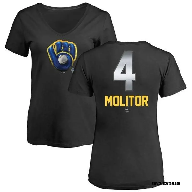 Women's Milwaukee Brewers ＃4 Paul Molitor Black Branded Midnight Mascot V-Neck T-Shirt