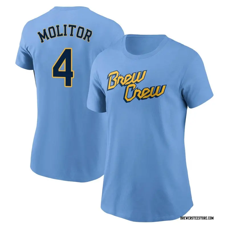 Women's Milwaukee Brewers ＃4 Paul Molitor Blue Powder 2022 City Connect Name & Number T-Shirt