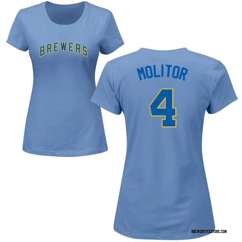 Women's Milwaukee Brewers ＃4 Paul Molitor Light Blue Roster Name & Number T-Shirt