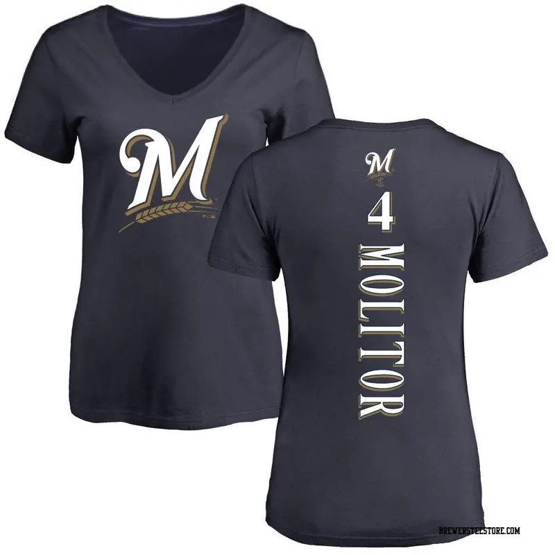 Women's Milwaukee Brewers ＃4 Paul Molitor Navy Backer Slim Fit T-Shirt