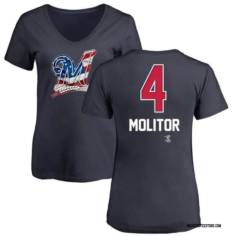 Women's Milwaukee Brewers ＃4 Paul Molitor Navy Branded Name and Number Banner Wave V-Neck T-Shirt