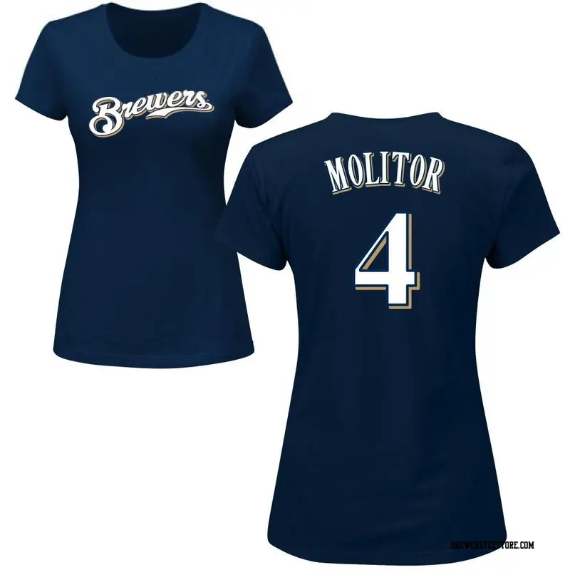 Women's Milwaukee Brewers ＃4 Paul Molitor Navy Roster Name & Number T-Shirt